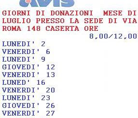 CALENDARIO DONAZIONI DEL MESE DI LUGLIO